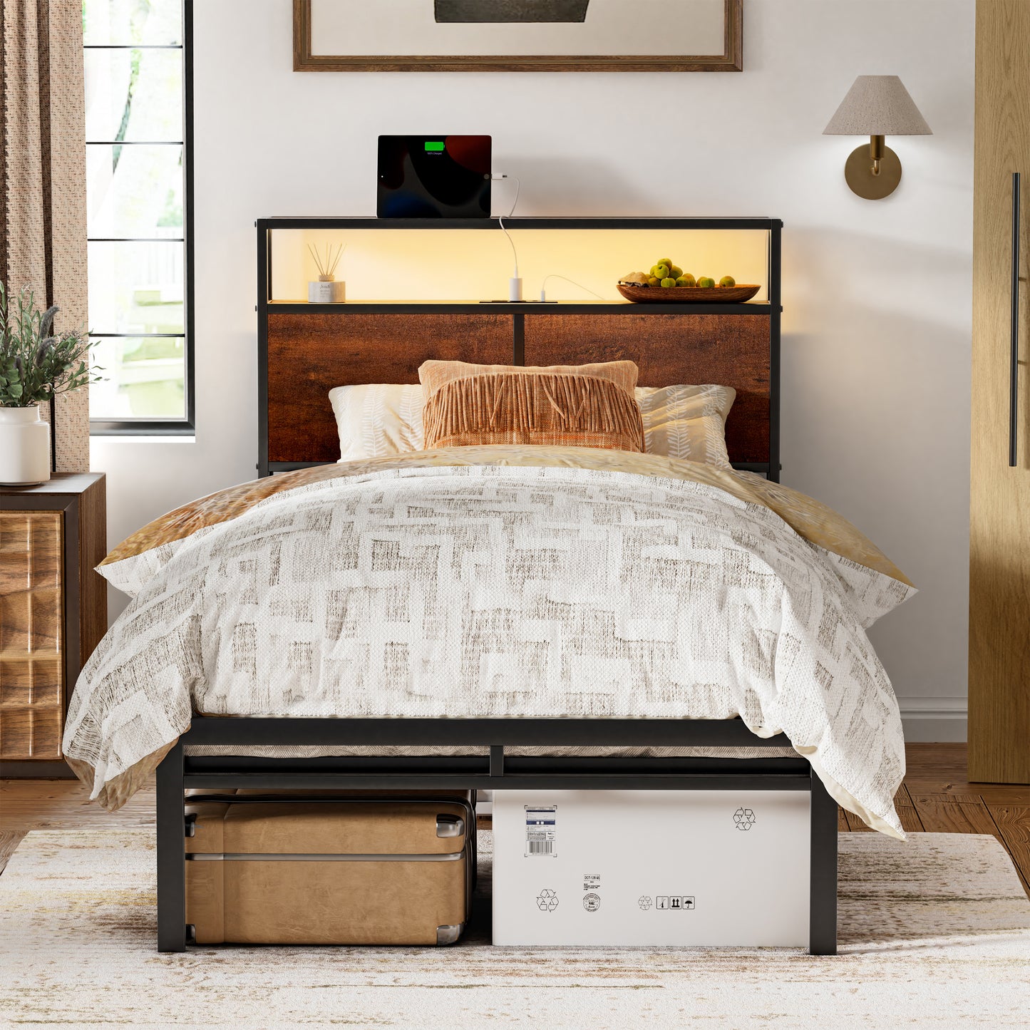 KOUSEI Twin Bed Frame with Headboard Metal Platform Bed with LED Lights and USB Charging Station Brown