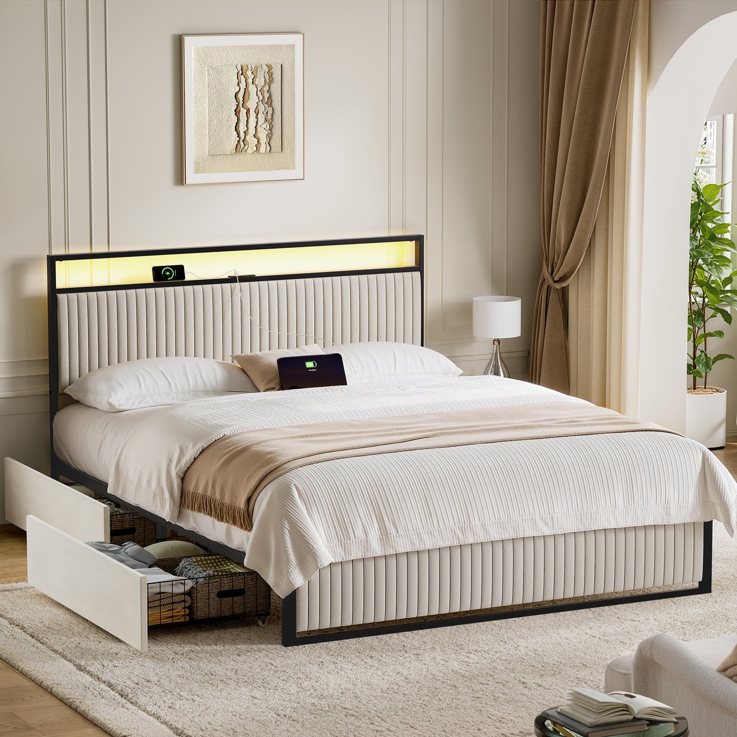 KOUSEI Full Size Bed Frame with Headboard, Platform Bed with 2 Drawers, Velvet Upholstered Bed Frame with LED Lights & Charging station,Beige