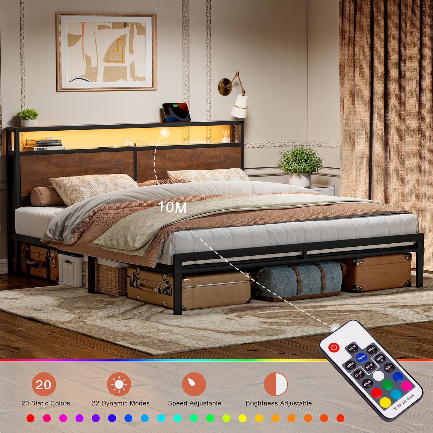KOUSEI King Size Bed Frame with Headboard Metal Platform Bed with LED Lights and USB Charging Station Brown
