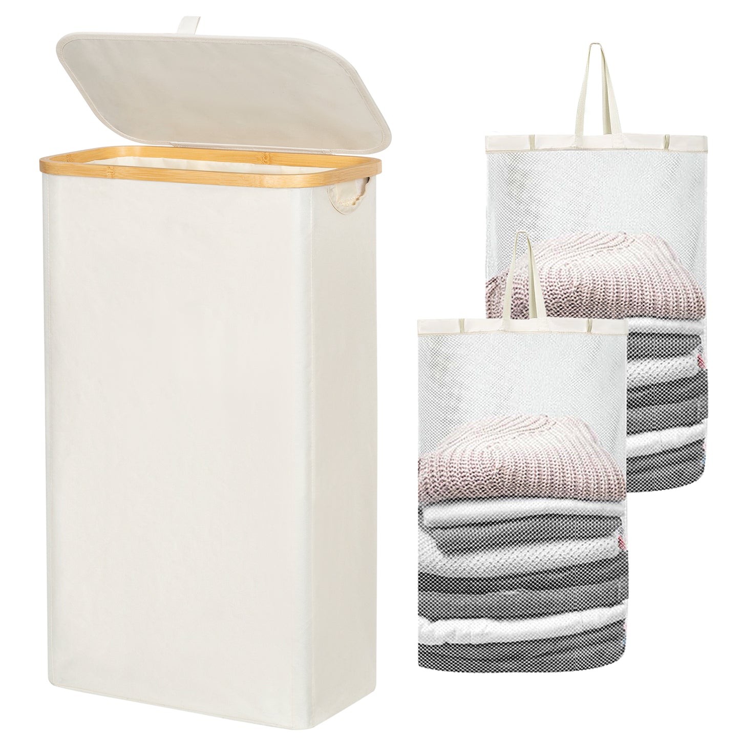BGTREND Slim Laundry Hamper with Lid 75L Foldable Laundry Basket with 2 Removable Mesh Bags & Bamboo Handle for Closet Bathroom Bedroom (27.5 inches, Beige)