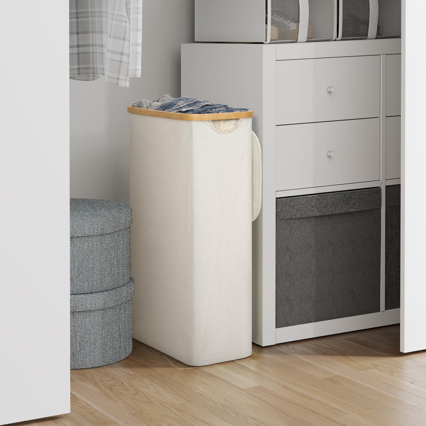 BGTREND Slim Laundry Hamper with Lid 75L Foldable Laundry Basket with 2 Removable Mesh Bags & Bamboo Handle for Closet Bathroom Bedroom (27.5 inches, Beige)