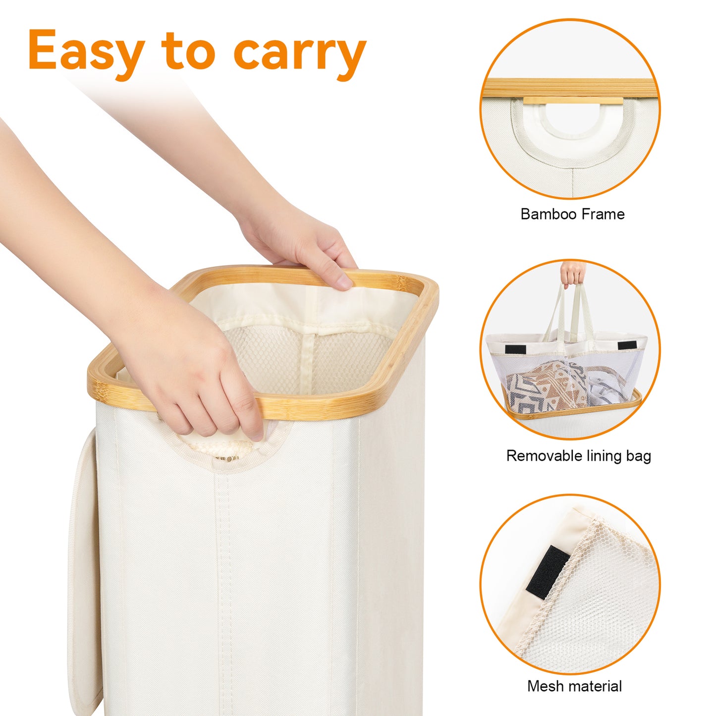 BGTREND Slim Laundry Hamper with Lid 75L Foldable Laundry Basket with 2 Removable Mesh Bags & Bamboo Handle for Closet Bathroom Bedroom (27.5 inches, Beige)