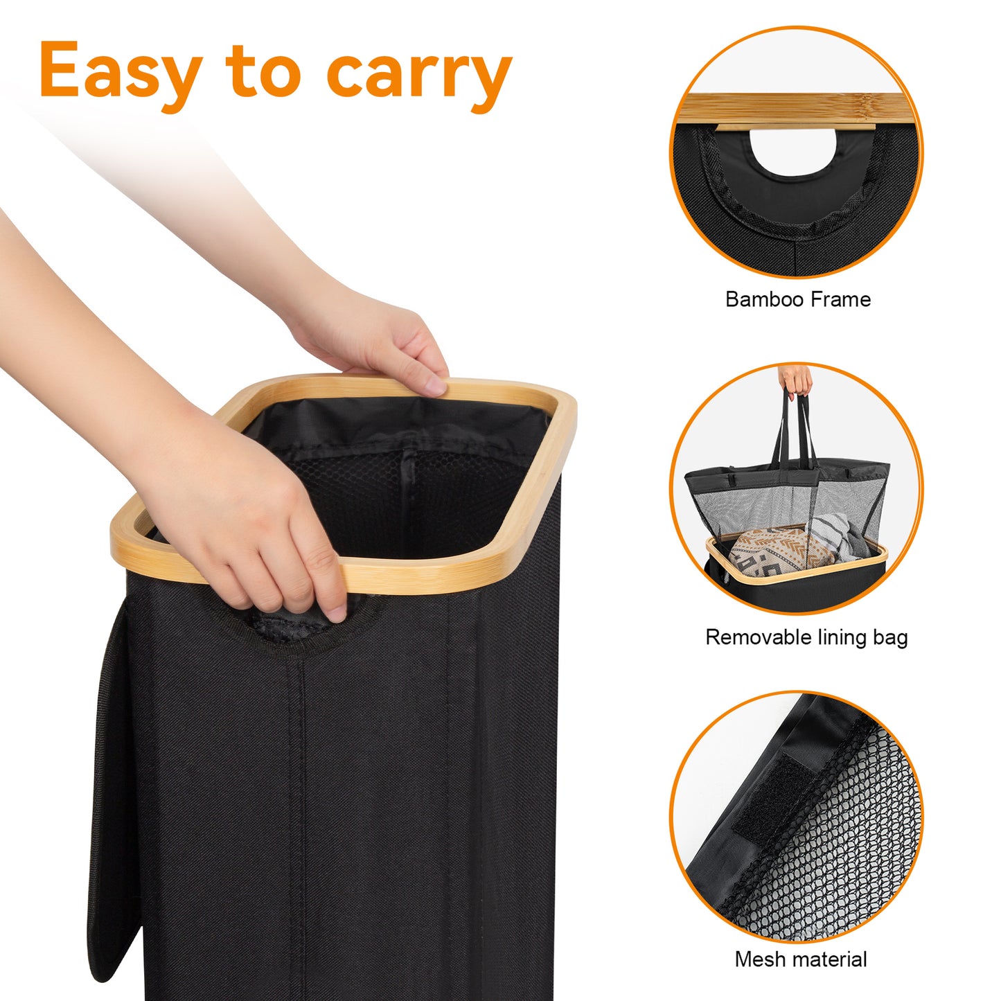 BGTREND Slim Laundry Hamper with Lid 75L Foldable Laundry Basket with 2 Removable Mesh Bags & Bamboo Handle for Closet Bathroom Bedroom (27.5 inches, Black)