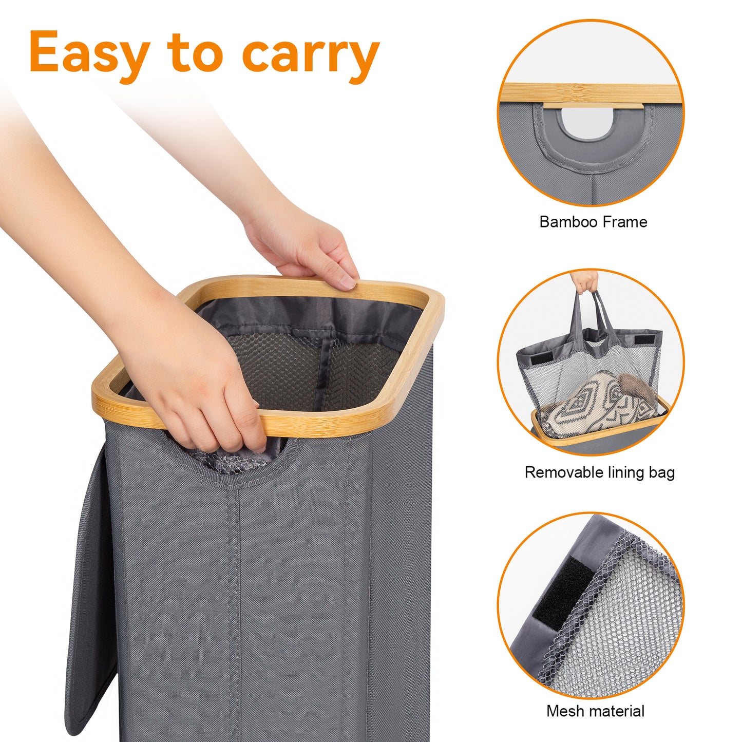 BGTREND Slim Laundry Hamper with Lid 75L Foldable Laundry Basket with 2 Removable Mesh Bags & Bamboo Handle for Closet Bathroom Bedroom (27.5 inches, Gray)