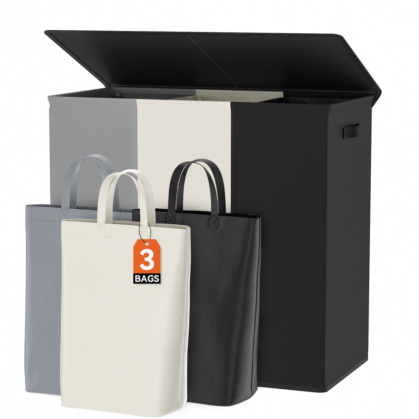 BGTREND Large Laundry Basket with Lid, 180L 3 Section Laundry Hamper with Mesh Lining Bags, Foldable Clothes Basket for Bathroom Bedroom Closet, Mixed Color