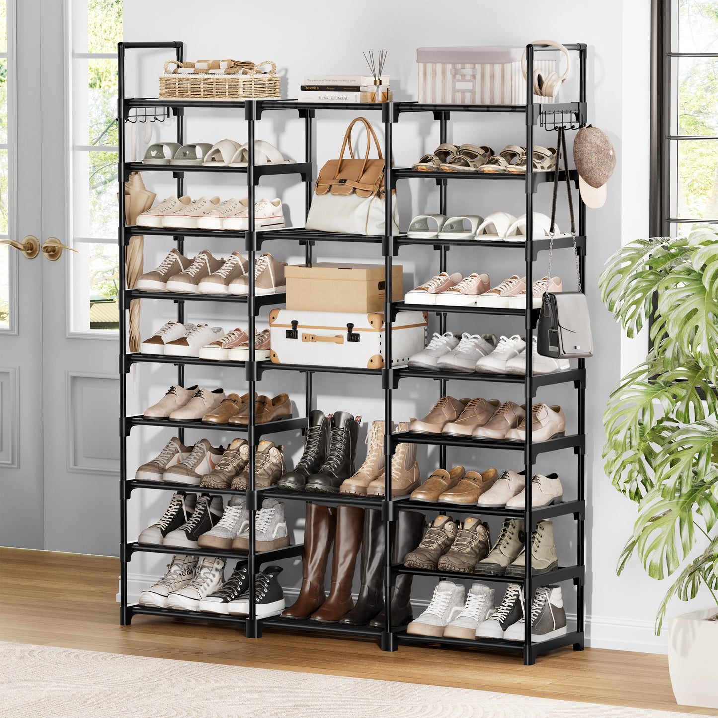 BGTREND 9 Tiers Large Shoe Rack 3 Columns Metal Shoe Storage Organizer 50-55 Pairs Stackable Shoe Tower for Closet Entryway (62 inches, Black)