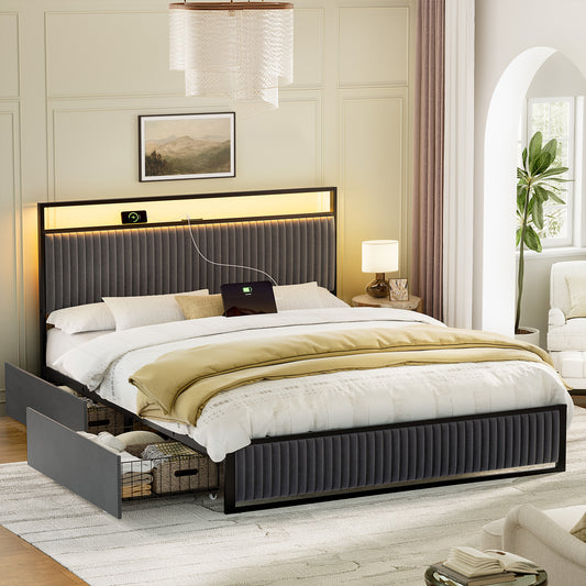 KOUSEI Queen Bed Frame with 2 Storage Drawers, Platform Bed with Headboard, Velvet Upholstered Bed Frame with LED Lights & Charging Station, Dark Grey