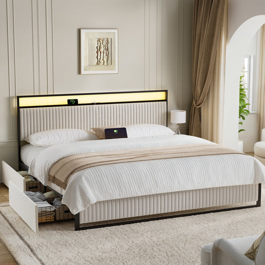 KOUSEI King Bed Frame with Headboard, Platform Bed with 2 Drawers, Velvet Upholstered Bed Frame with LED Lights & Charging station，Beige