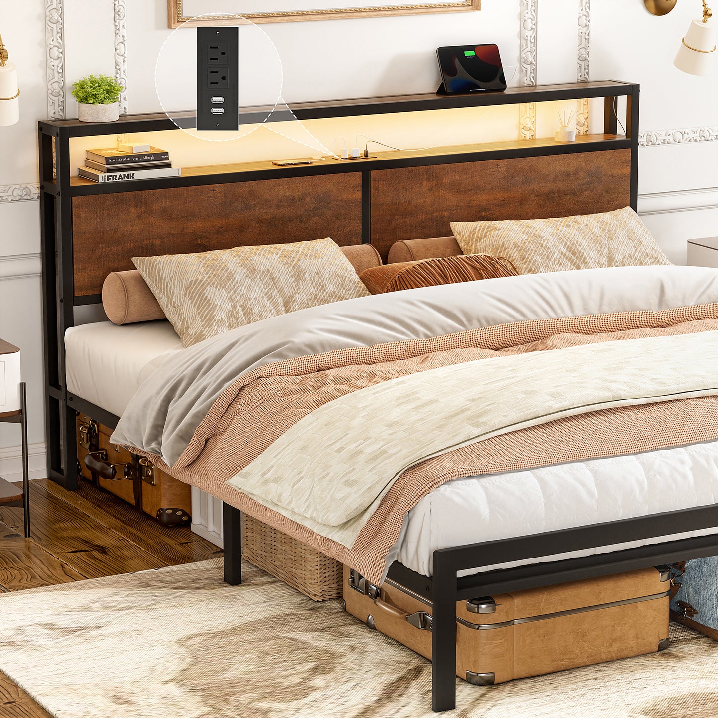 KOUSEI King Size Bed Frame with Headboard Metal Platform Bed with LED Lights and USB Charging Station Brown