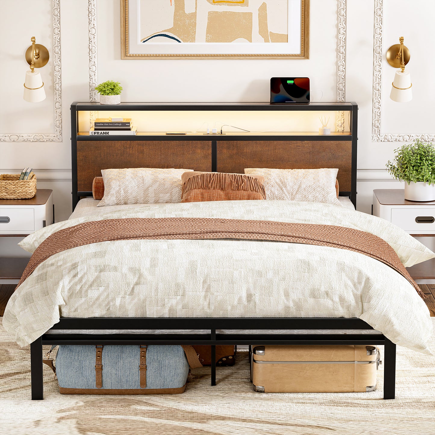 KOUSEI Queen Bed Frame with Headboard Metal Platform Bed with LED Lights and USB Charging Station Brown