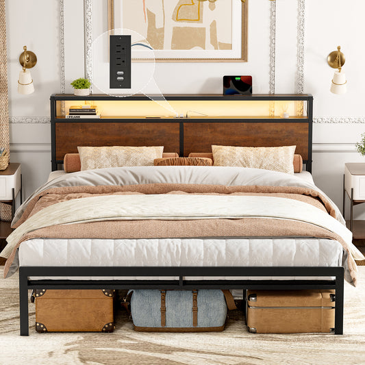 KOUSEI King Size Bed Frame with Headboard Metal Platform Bed with LED Lights and USB Charging Station Brown