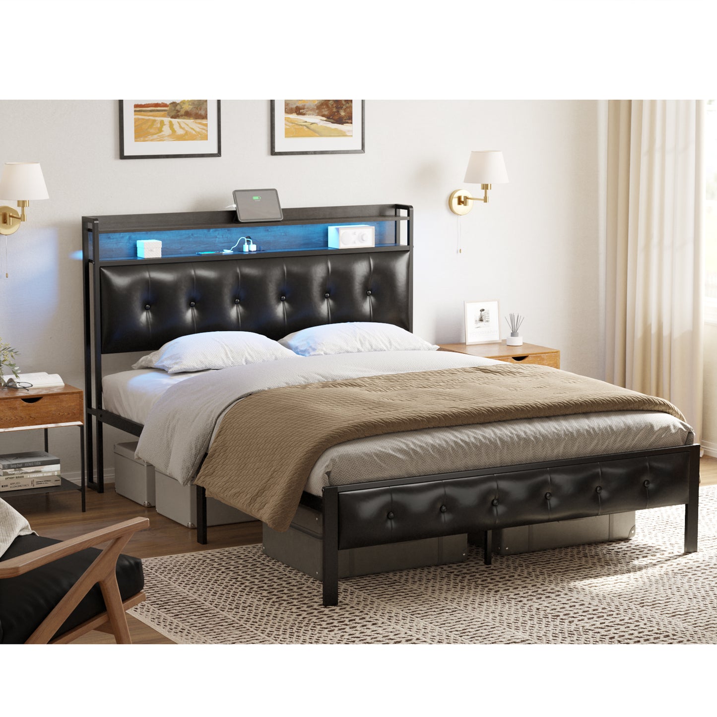 KOUSEI Upholstered Platform Full Size Bed Frame with Storage Headboard PU Leather & Footboard Bed with LED Lights Charging Station Black
