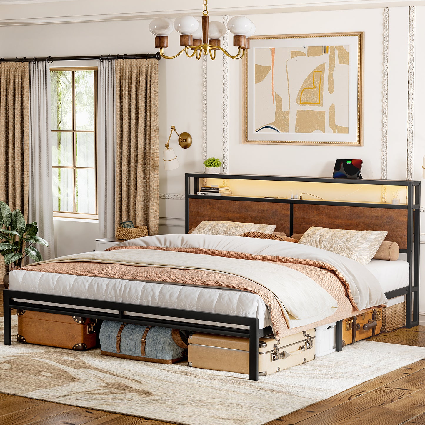 KOUSEI King Size Bed Frame with Headboard Metal Platform Bed with LED Lights and USB Charging Station Brown