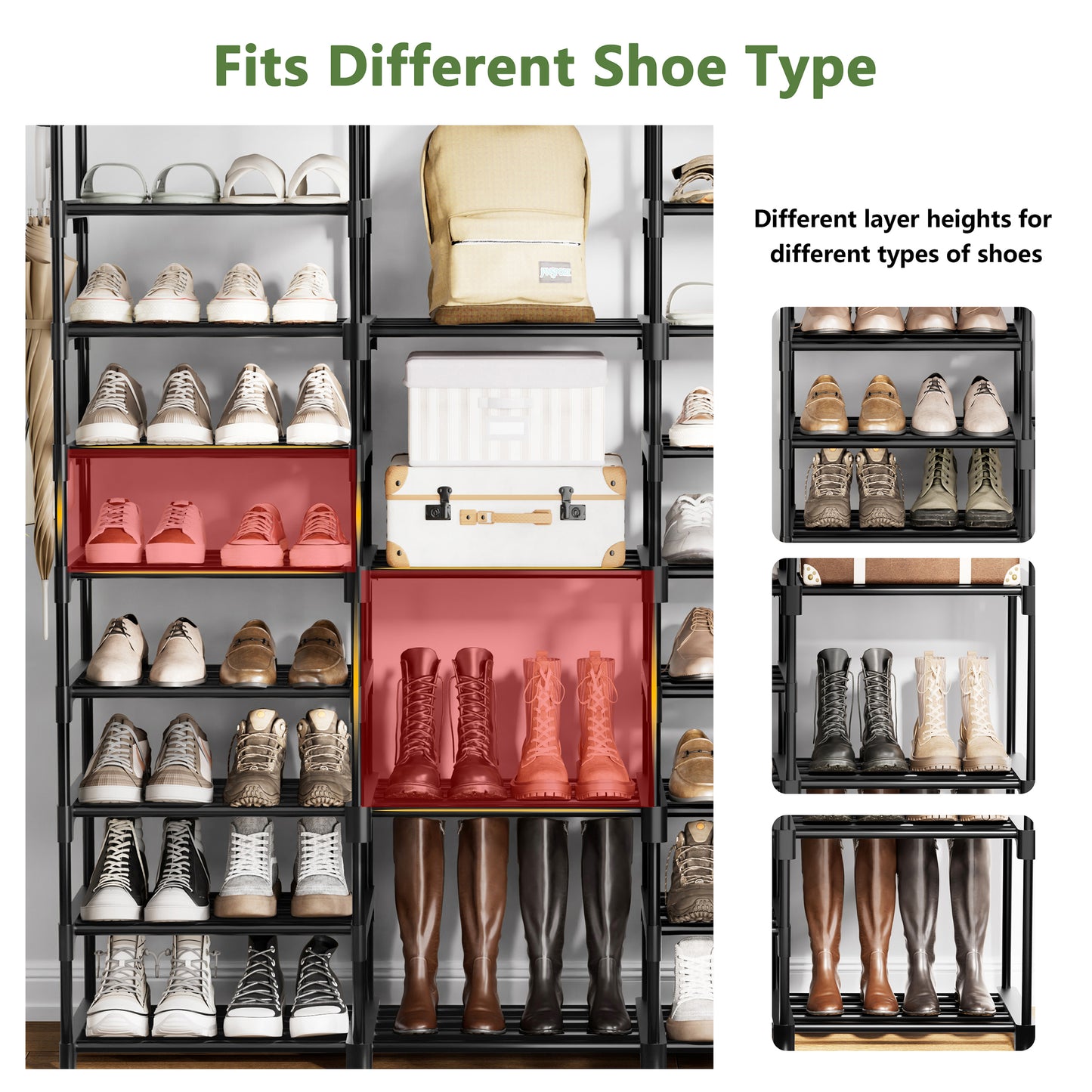 BGTREND 9 Tiers Large Shoe Rack 3 Columns Metal Shoe Storage Organizer 50-55 Pairs Stackable Shoe Tower for Closet Entryway (62 inches, Black)