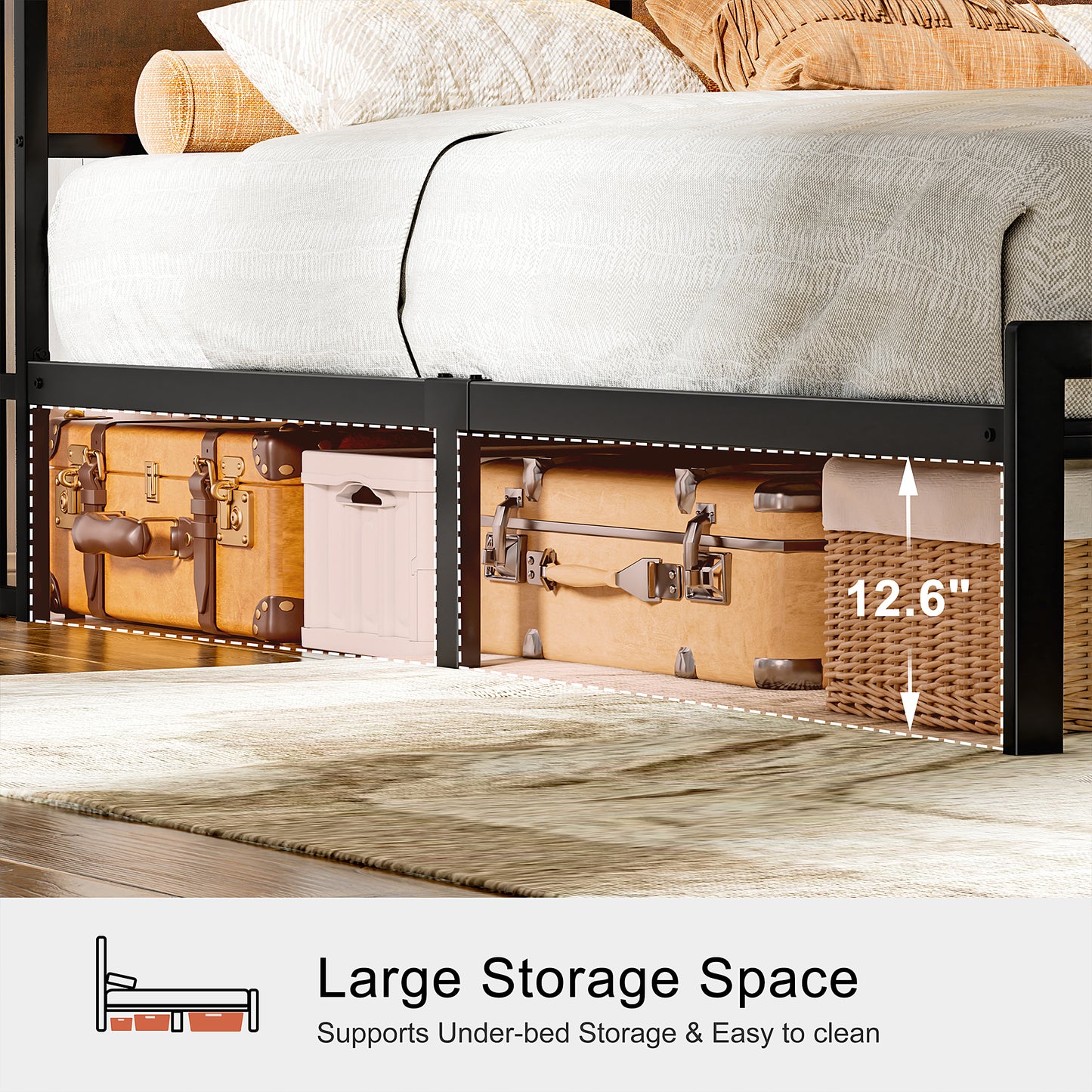 KOUSEI King Size Bed Frame with Headboard Metal Platform Bed with LED Lights and USB Charging Station Brown