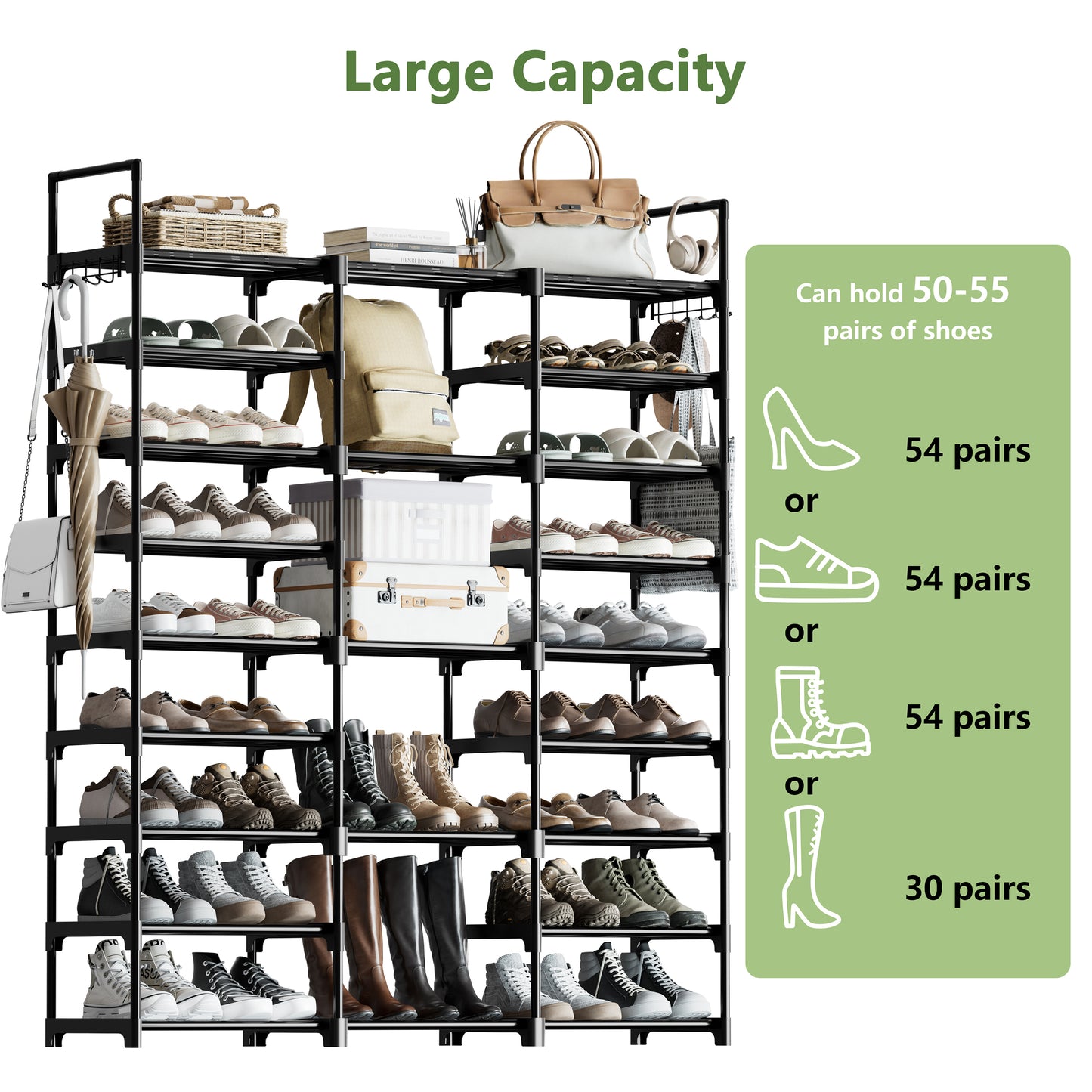 BGTREND 9 Tiers Large Shoe Rack 3 Columns Metal Shoe Storage Organizer 50-55 Pairs Stackable Shoe Tower for Closet Entryway (62 inches, Black)