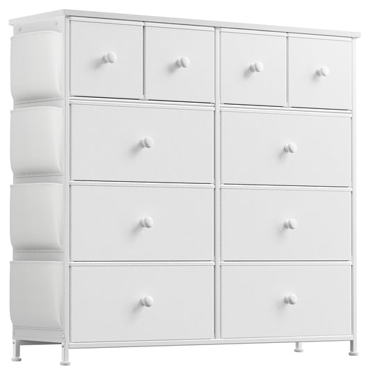 GUNAITO 10 Drawer Dresser Chest of Drawers with Side Pockets Fabric Dressers for Bedroom for Adults White
