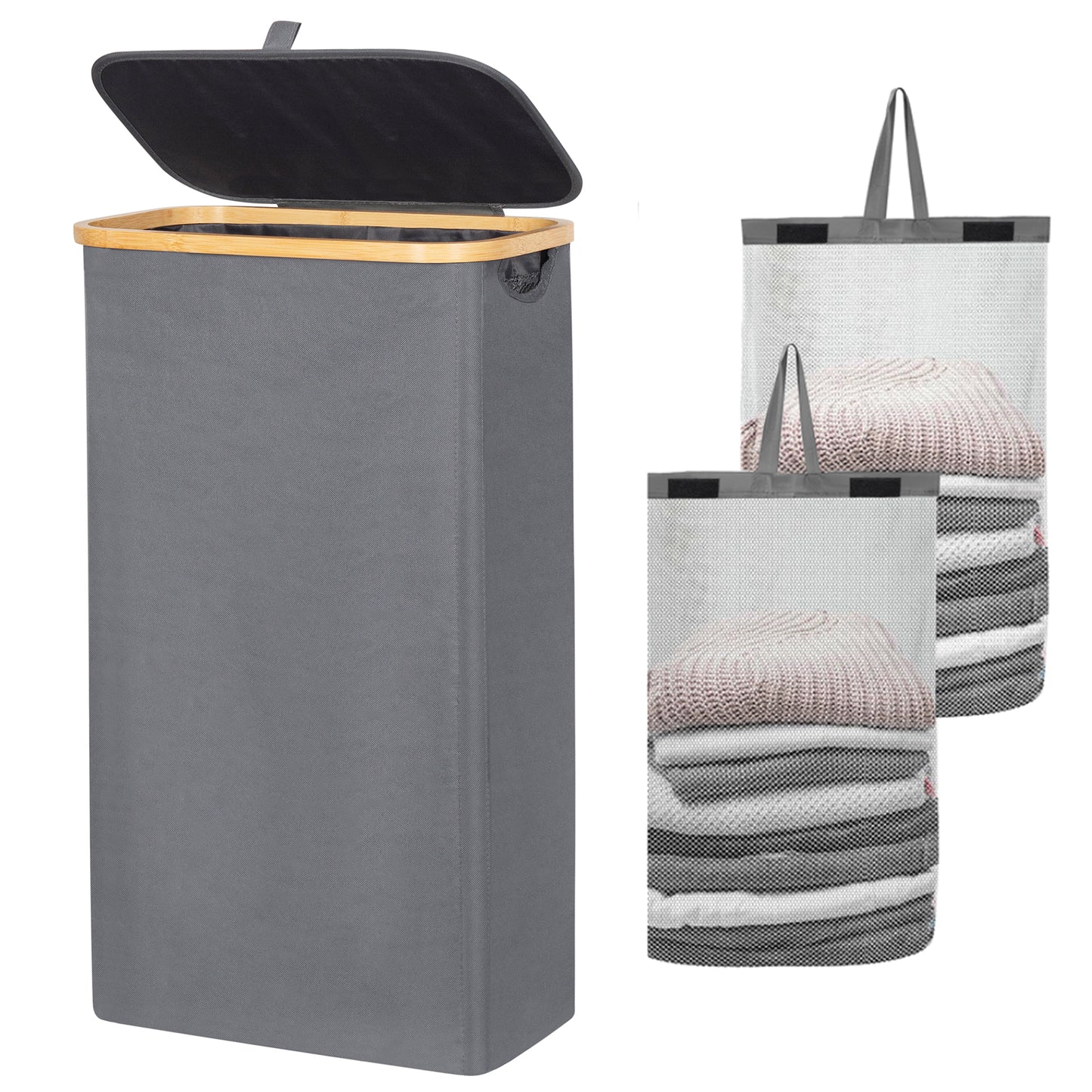 BGTREND Slim Laundry Hamper with Lid 75L Foldable Laundry Basket with 2 Removable Mesh Bags & Bamboo Handle for Closet Bathroom Bedroom (27.5 inches, Gray)
