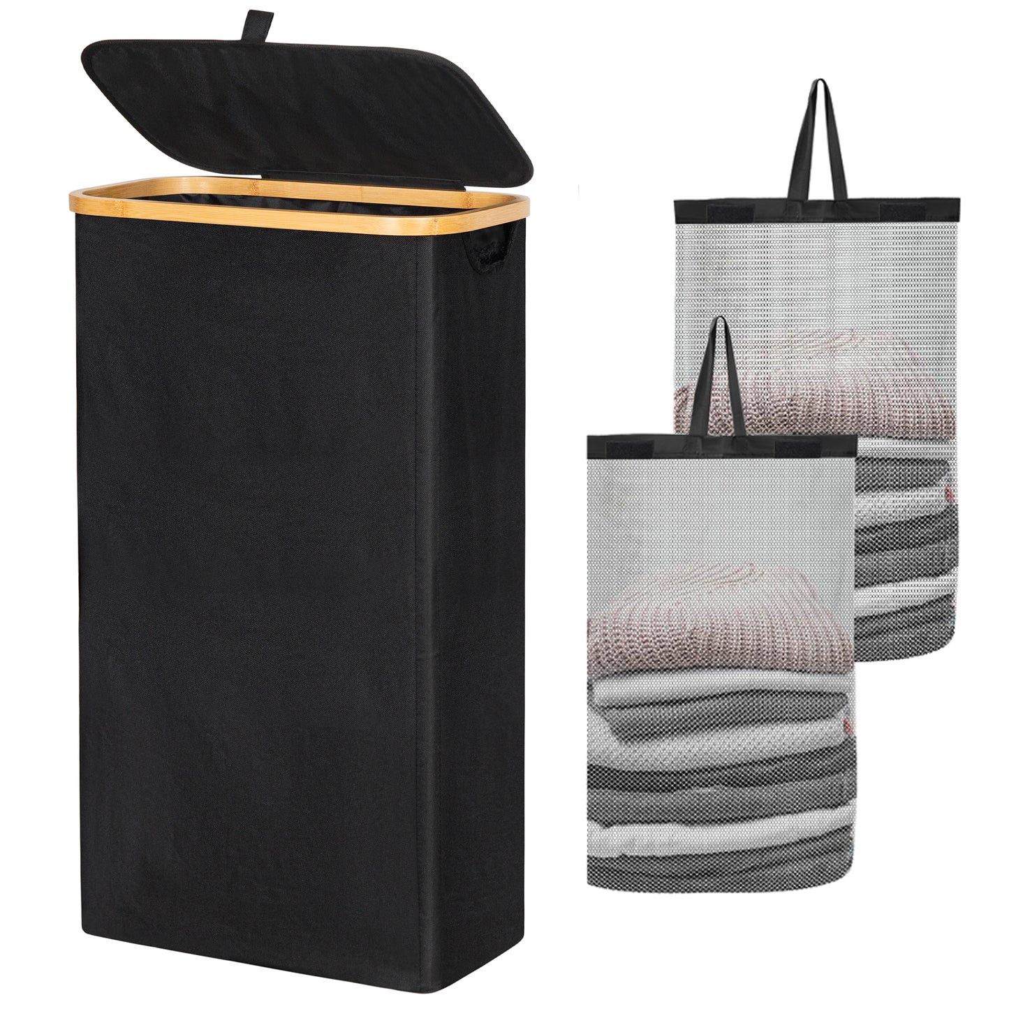 BGTREND Slim Laundry Hamper with Lid 75L Foldable Laundry Basket with 2 Removable Mesh Bags & Bamboo Handle for Closet Bathroom Bedroom (27.5 inches, Black)