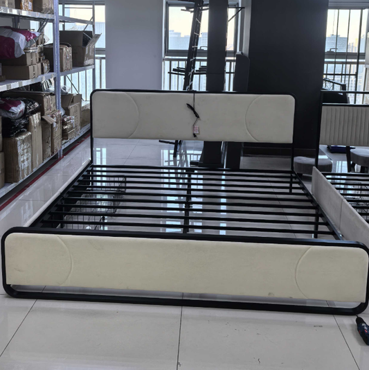 KOUSEI Full Size Metal Platform Bed Frame with Curved Upholstered Headboard and Footboard, Beige