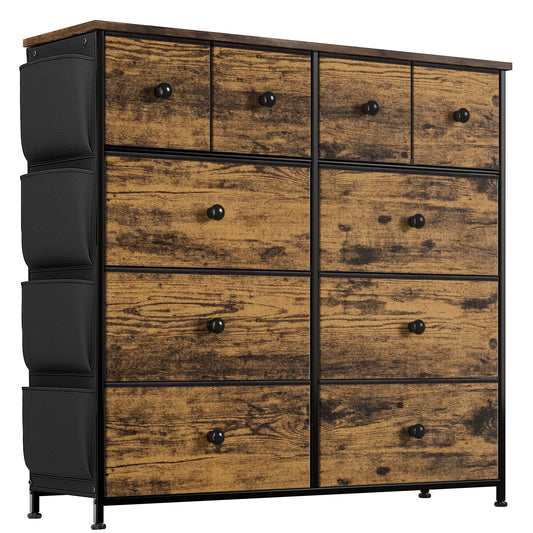 GUNAITO 10 Drawer Dresser Chest of Drawers with Side Pockets Fabric Dressers for Bedroom for Adults Rustic Brown