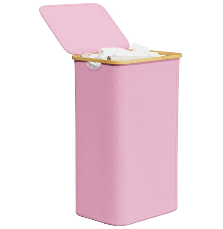 BGTREND Slim Laundry Hamper with Lid 75L Foldable Laundry Basket with 2 Removable Mesh Bags & Bamboo Handle for Closet Bathroom Bedroom (27.5 inches, Pink)