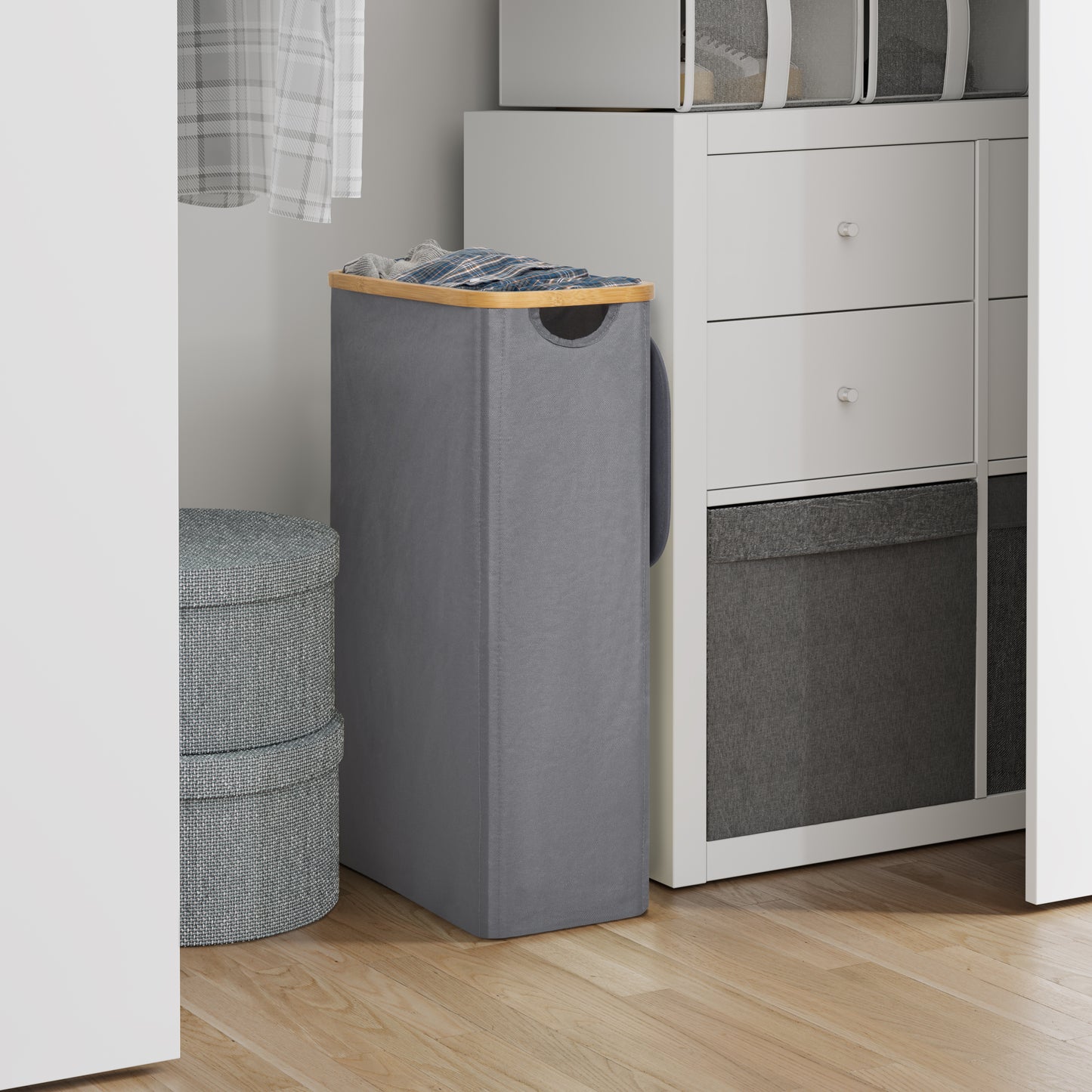 BGTREND Slim Laundry Hamper with Lid 75L Foldable Laundry Basket with 2 Removable Mesh Bags & Bamboo Handle for Closet Bathroom Bedroom (27.5 inches, Gray)