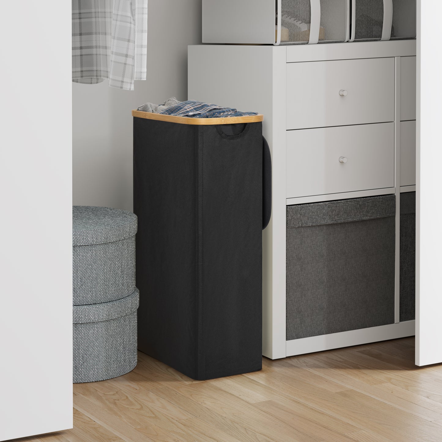 BGTREND Slim Laundry Hamper with Lid 75L Foldable Laundry Basket with 2 Removable Mesh Bags & Bamboo Handle for Closet Bathroom Bedroom (27.5 inches, Black)