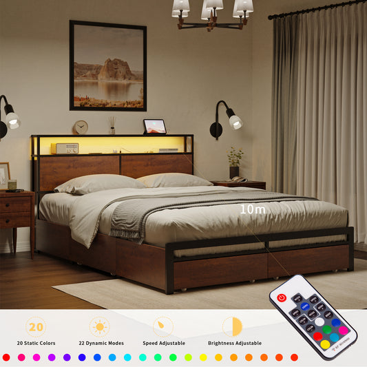 KOUSEI King Size Bed Frame with Headboard and 4 Storage Drawers LED Platform Bed Frame with Charging Station Brown