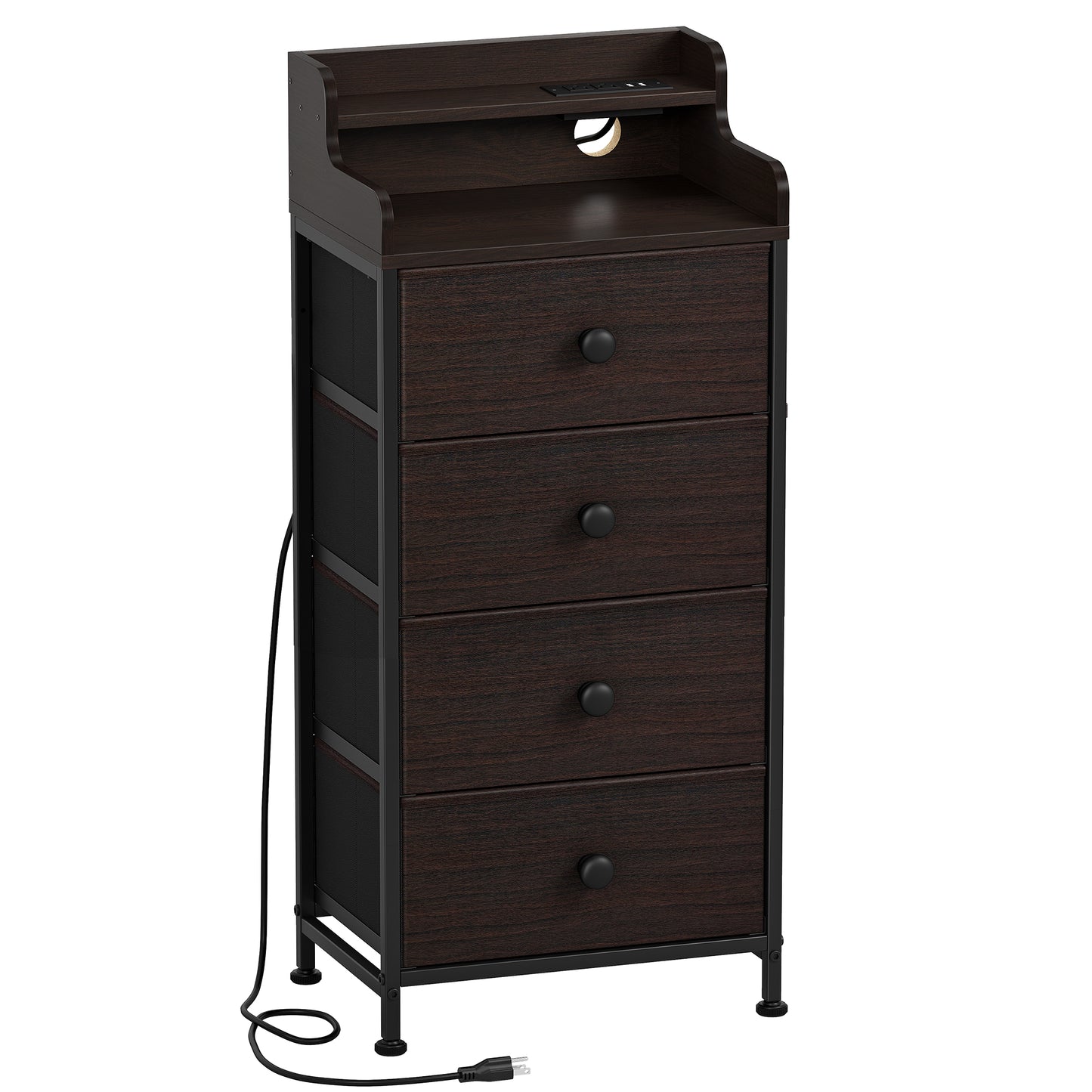 GUNAITO Dresser for Bedroom with Charging Station and LED Lights, 4 Drawers Dresser Black Chest of Drawers with Shelves, Tall Night Stand with Sturdy Steel Frame & Wood Top for Bedroom