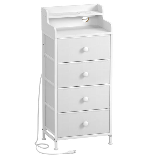 GUNAITO Dresser for Bedroom with Charging Station and LED Lights, 4 Drawers Dresser Black Chest of Drawers with Shelves, Tall Night Stand with Sturdy Steel Frame & Wood Top for Bedroom