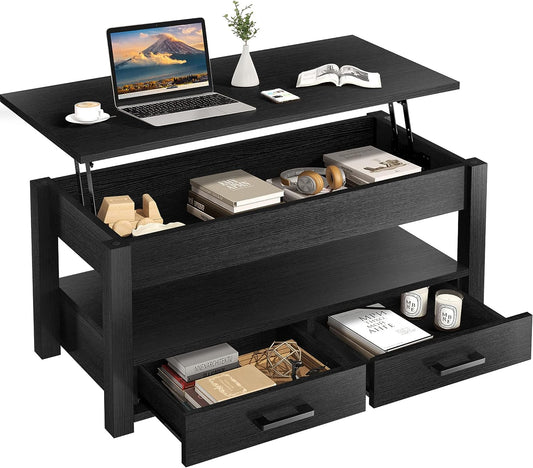 KOUSEI 41.7"Lift Top Coffee Table with Double Drawers and Hidden Compartment Provide Big Storage Space,Multifunctional Coffee Table for Living Room Black