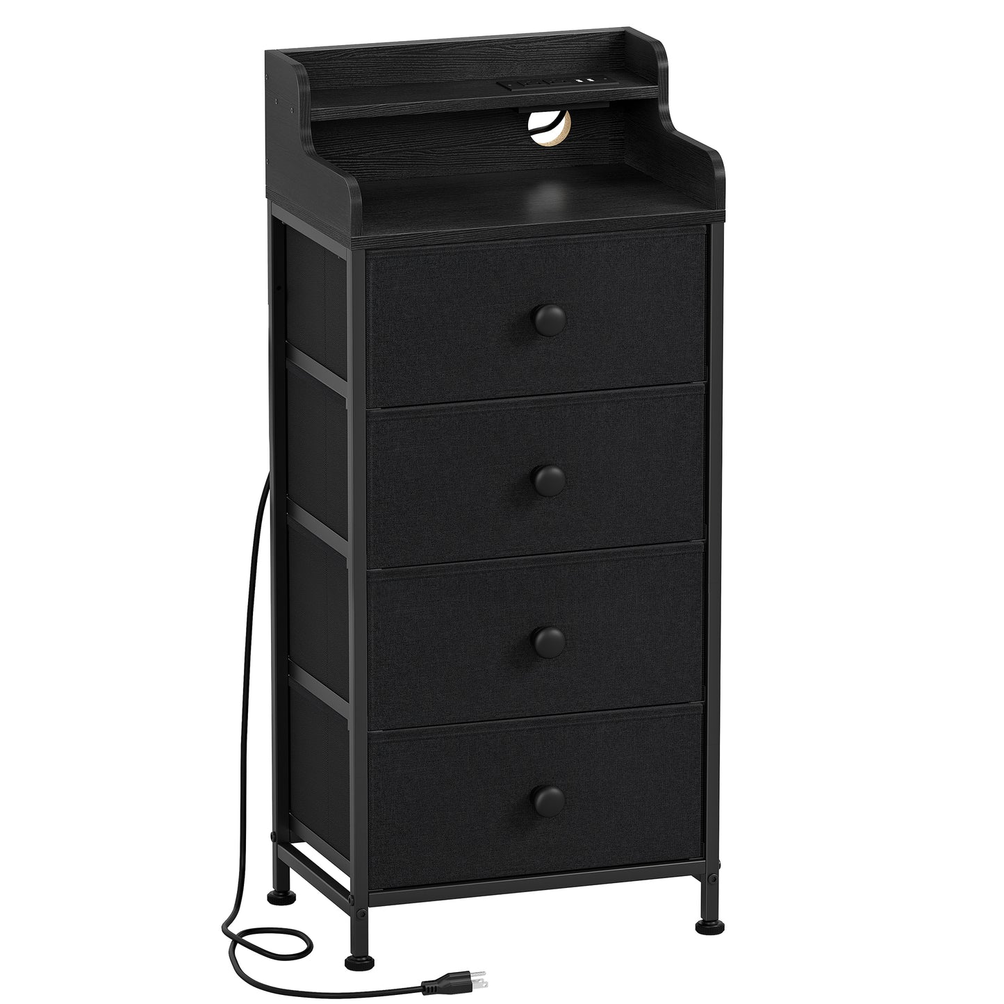 GUNAITO Dresser for Bedroom with Charging Station and LED Lights, 4 Drawers Dresser Black Chest of Drawers with Shelves, Tall Night Stand with Sturdy Steel Frame & Wood Top for Bedroom