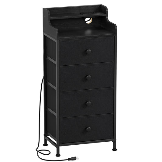 GUNAITO Dresser for Bedroom with Charging Station and LED Lights, 4 Drawers Dresser Black Chest of Drawers with Shelves, Tall Night Stand with Sturdy Steel Frame & Wood Top for Bedroom
