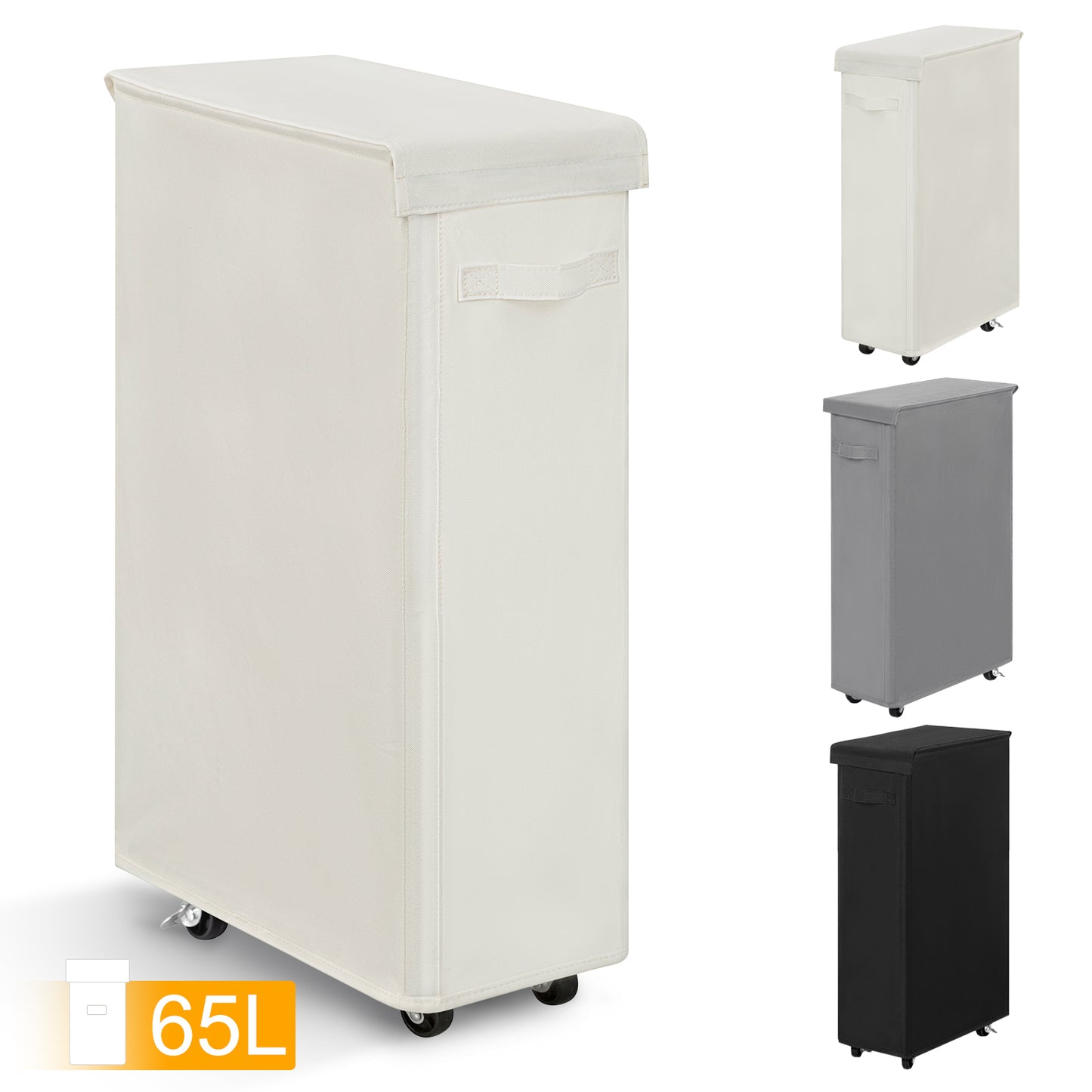 BGTREND 27.6'' Tall & Slim Laundry Hamper with Lid and Wheels Narrow Laundry Basket Collapsible Dirty Clothes Hamper Portable Laundry Storage Bin Oxford (65L, Beige)