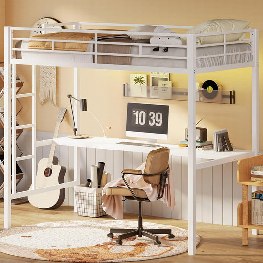 KOUSEI Loft Bed Twin Size with L Shaped Desk and Shelves, Heavy Duty Metal Loft Bed Frame with Power Outlet and LED Lighted, White