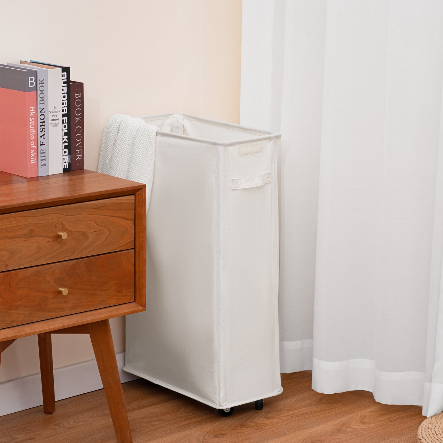 BGTREND 27.6'' Tall & Slim Laundry Hamper with Lid and Wheels Narrow Laundry Basket Collapsible Dirty Clothes Hamper Portable Laundry Storage Bin Oxford (65L, Beige)