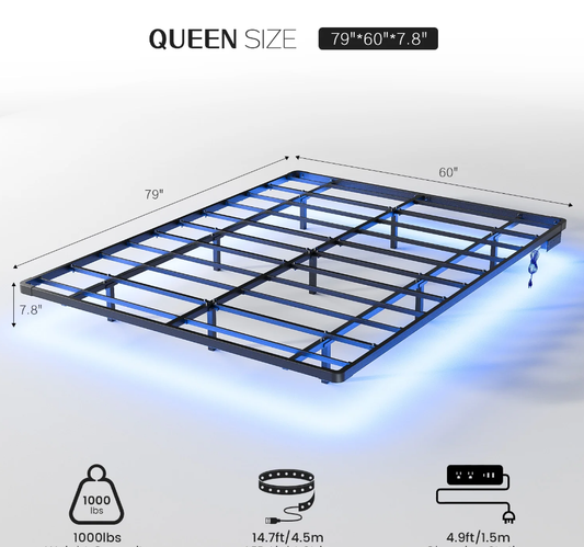 KOUSEI Floating Bed Frame Full Size with LED Lights and Charging Station Modern Metal Platform No Box Spring Required，Black